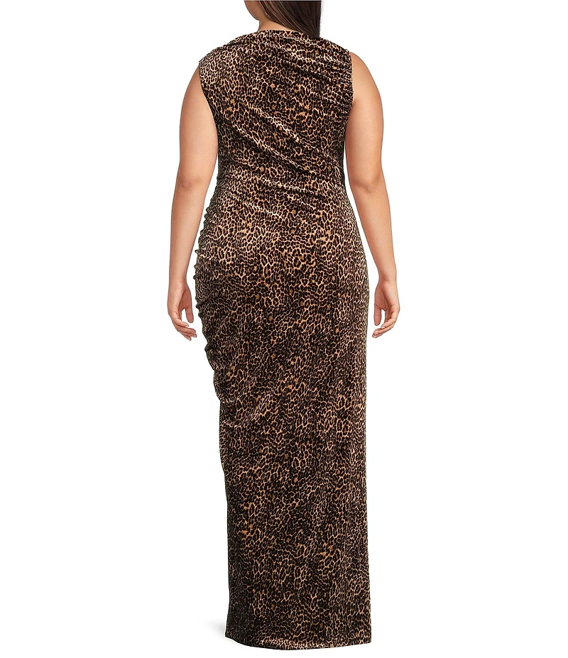 Good American Plus Size Velvet Leopard High Neck Sleeveless Bodycon Ruched Maxi Dress