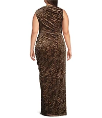 Good American Plus Size Velvet Leopard High Neck Sleeveless Bodycon Ruched Maxi Dress
