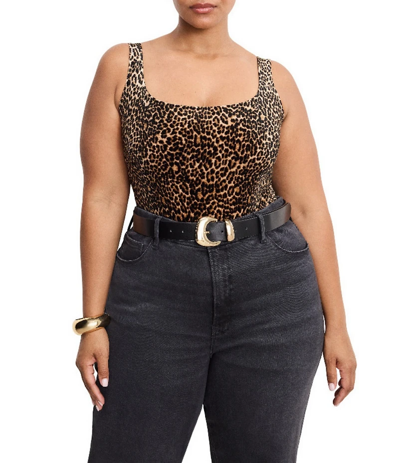 Good American Plus Size Velvet Leopard Print Modern Square Neck Sleeveless Tank Bodysuit