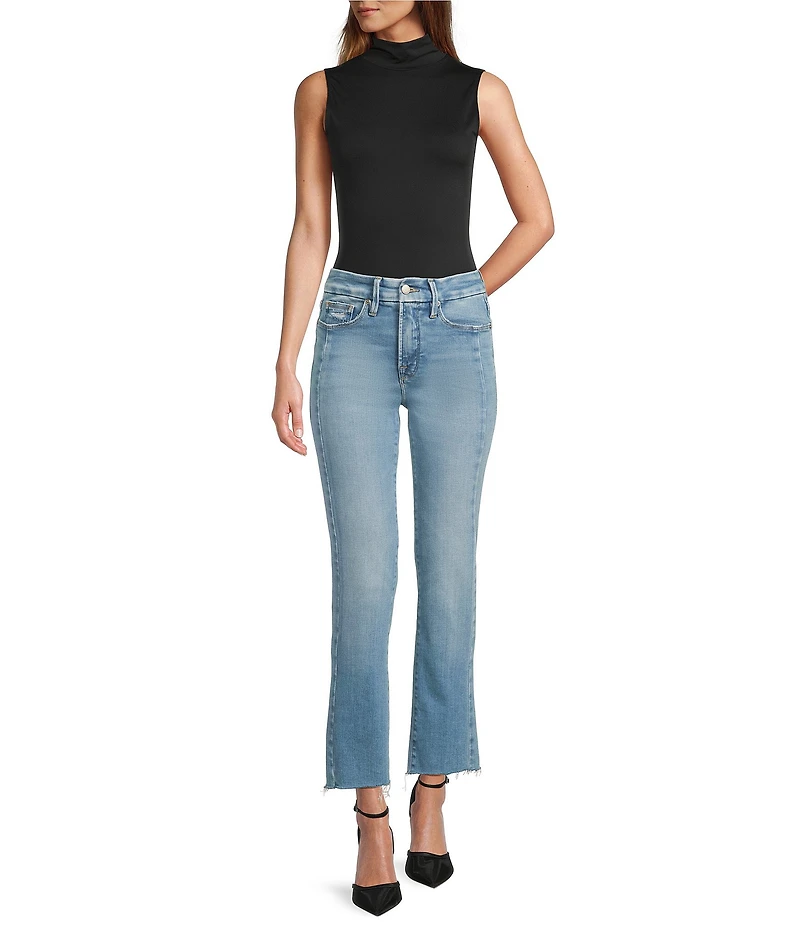 Good American Soft Tech Good Legs Mid Rise Straight Leg Raw Hem Jeans