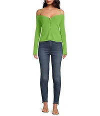 Good American Stretch Rib Knit Off-The-Shoulder Long Sleeve Top