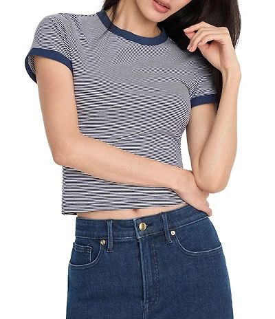 Good American Stripped Super Stretch Knit Crew Neck Short Sleeve Baby Ringer Tee
