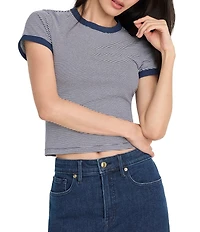 Good American Stripped Super Stretch Knit Crew Neck Short Sleeve Baby Ringer Tee
