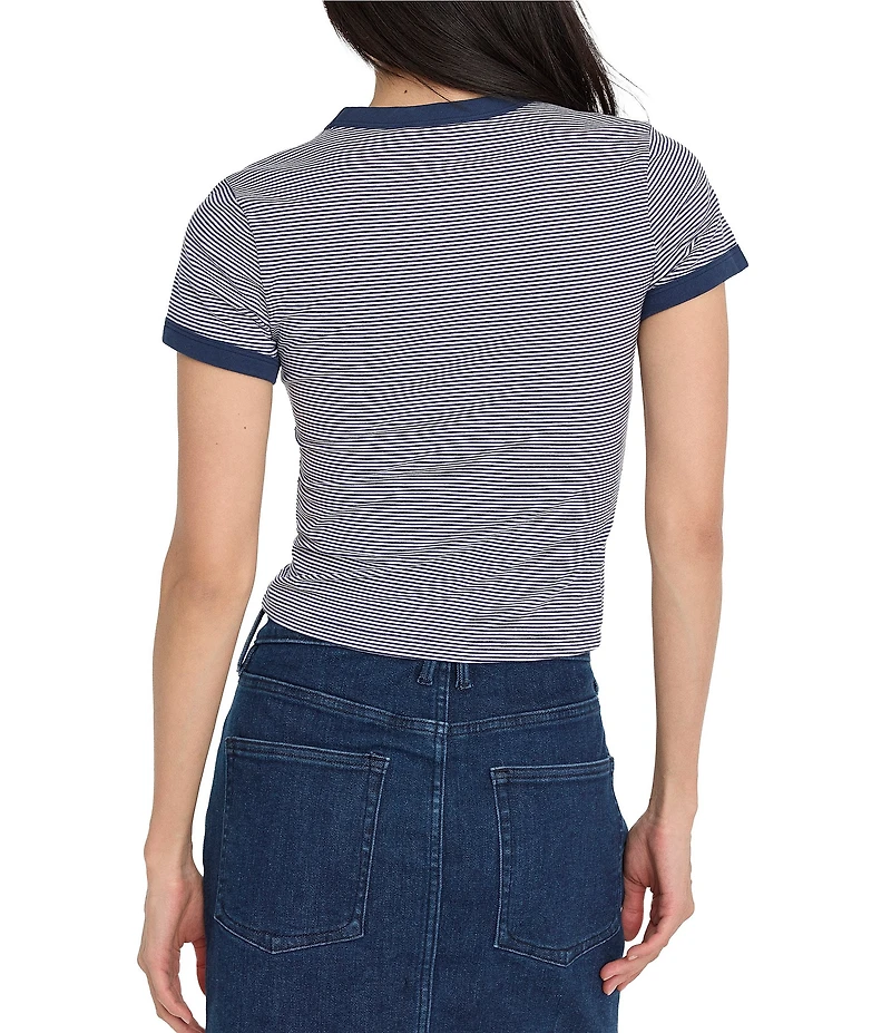 Good American Stripped Super Stretch Knit Crew Neck Short Sleeve Baby Ringer Tee