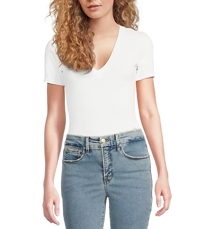 Good American Super Stretch Deep V Short Sleeve Bodysuit
