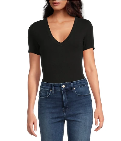 Good American Super Stretch Deep V Short Sleeve Bodysuit