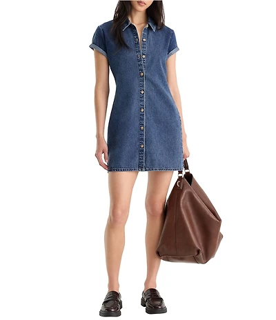 Good American The Denim Polo Collared Short Sleeve Denim A-Line Shirt Dress
