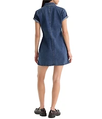 Good American The Denim Polo Collared Short Sleeve Denim A-Line Shirt Dress