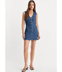 Good American The Denim V-Neck Sleeveless Button Front Mini Dress
