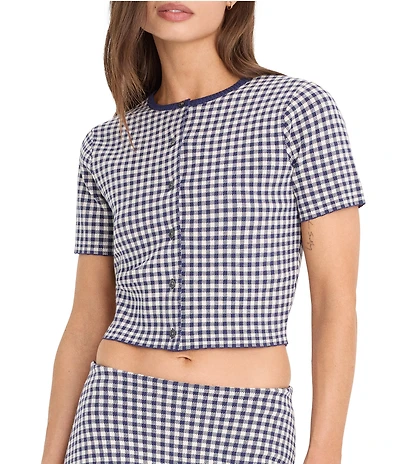Good American The Keepsake Gingham Print Crew Neck Short Sleeve Coordinating Knit Cardigan Top