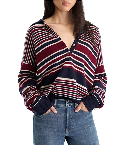 Good American The Oversized Rugby Stripe Collared Long Sleeve Sweater