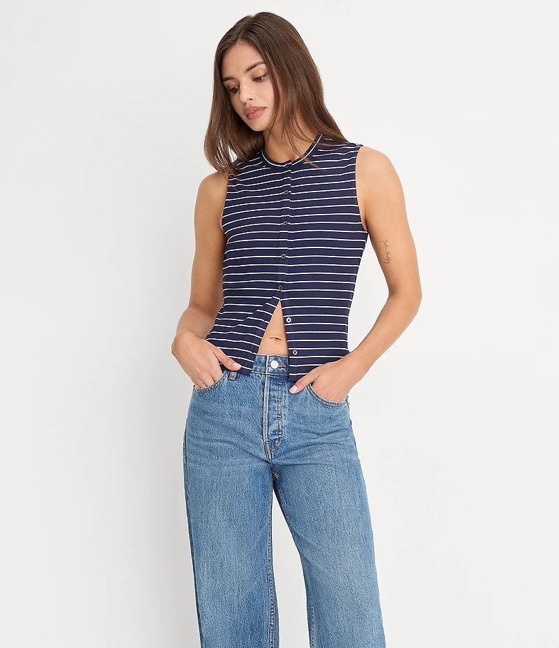 Good American The Rib Splay Stripe Print Crew Neck Sleeveless Top