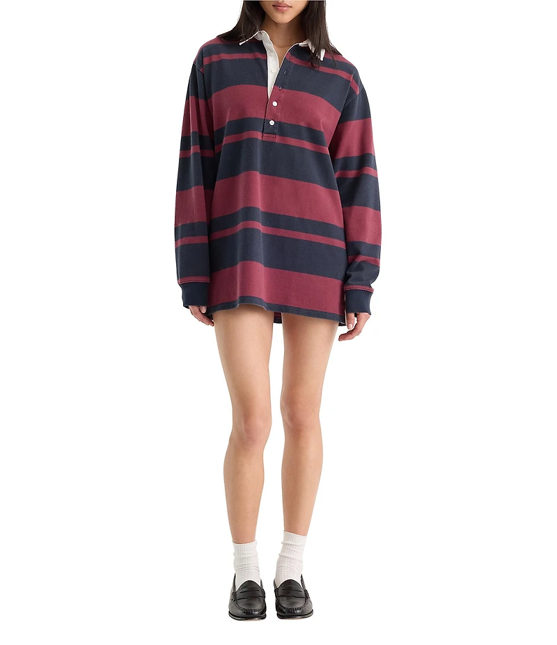 Good American The Rugby Stripe Collared Long Sleeve Mini Shirt Dress
