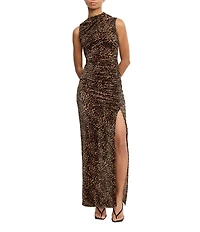 Good American Velvet Leopard High Neck Sleeveless Ruched Maxi Dress