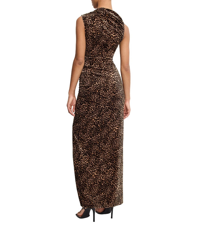 Good American Velvet Leopard High Neck Sleeveless Ruched Maxi Dress