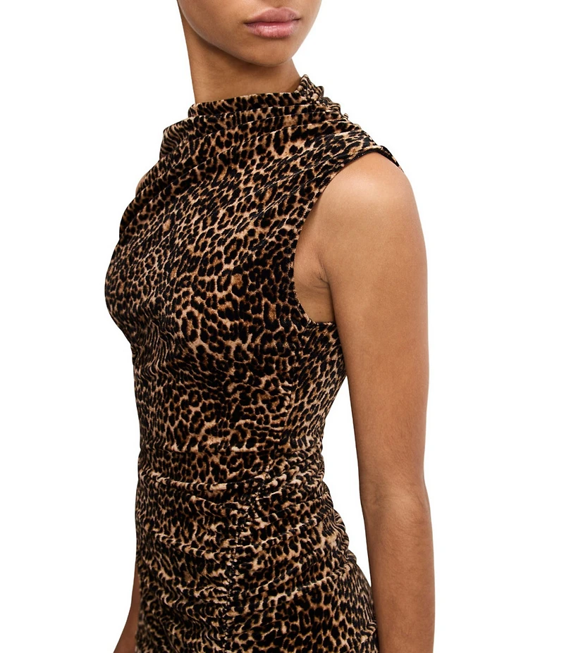Good American Velvet Leopard High Neck Sleeveless Ruched Maxi Dress