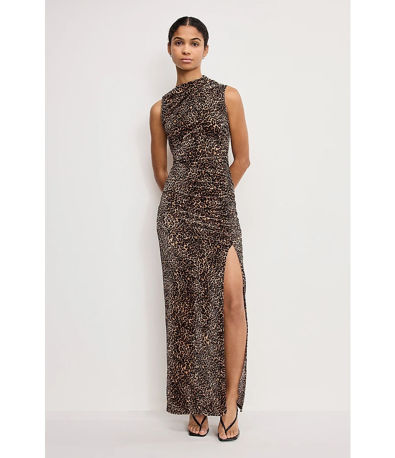 Good American Velvet Leopard High Neck Sleeveless Ruched Maxi Dress