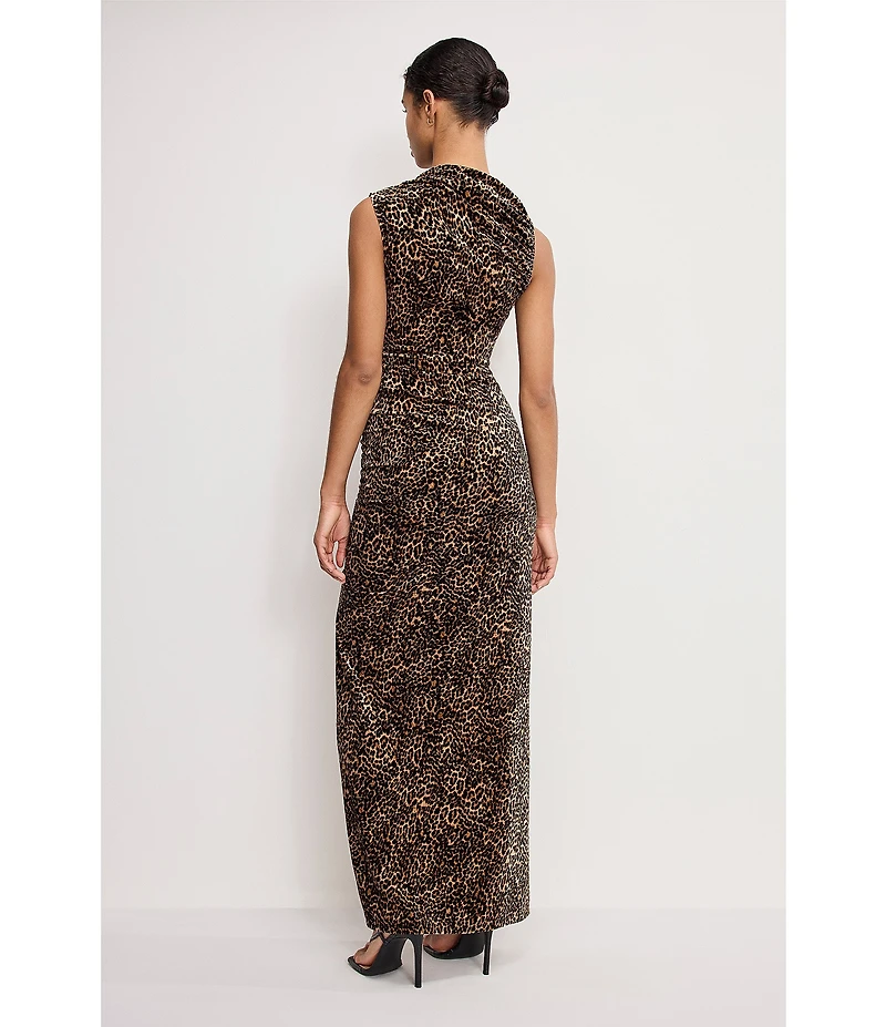 Good American Velvet Leopard High Neck Sleeveless Ruched Maxi Dress