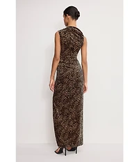 Good American Velvet Leopard High Neck Sleeveless Ruched Maxi Dress