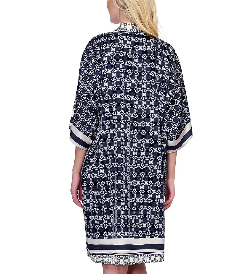 Gottex Bali Geometric Print 3/4 Flutter Sleeves Tie Belt Open Front Kimono Swim Cover-Up