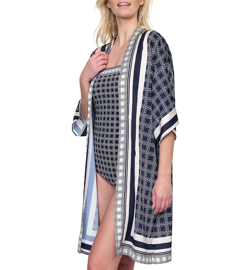 Gottex Bali Geometric Print 3/4 Flutter Sleeves Tie Belt Open Front Kimono Swim Cover-Up