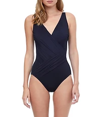Gottex Lattice Solid V-Neck Tummy Control Surplice One Piece Swimsuit