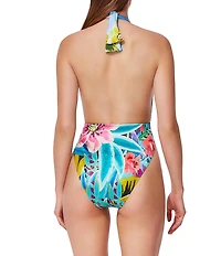 Gottex Tropicana Floral Print Halter Neck Cut-Out Plunge Cheeky One Piece Swimsuit