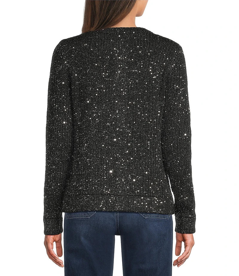 Greige Allover Sequin Crew Neck Long Sleeve Button-Front Sweater Cardigan