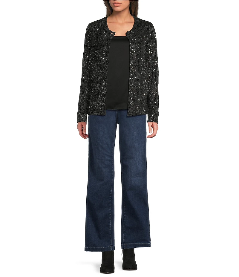 Greige Allover Sequin Crew Neck Long Sleeve Button-Front Sweater Cardigan