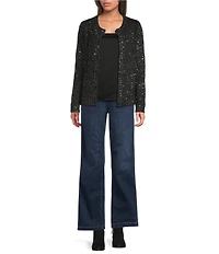 Greige Allover Sequin Crew Neck Long Sleeve Button-Front Sweater Cardigan