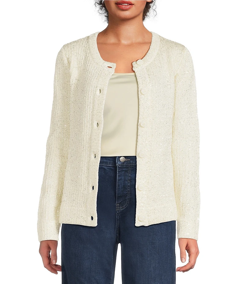 Greige Allover Sequin Crew Neck Long Sleeve Button-Front Sweater Cardigan