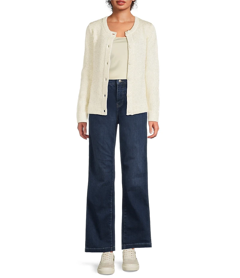 Greige Allover Sequin Crew Neck Long Sleeve Button-Front Sweater Cardigan