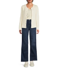 Greige Allover Sequin Crew Neck Long Sleeve Button-Front Sweater Cardigan