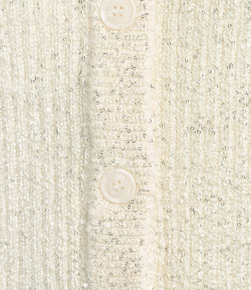Greige Allover Sequin Crew Neck Long Sleeve Button-Front Sweater Cardigan