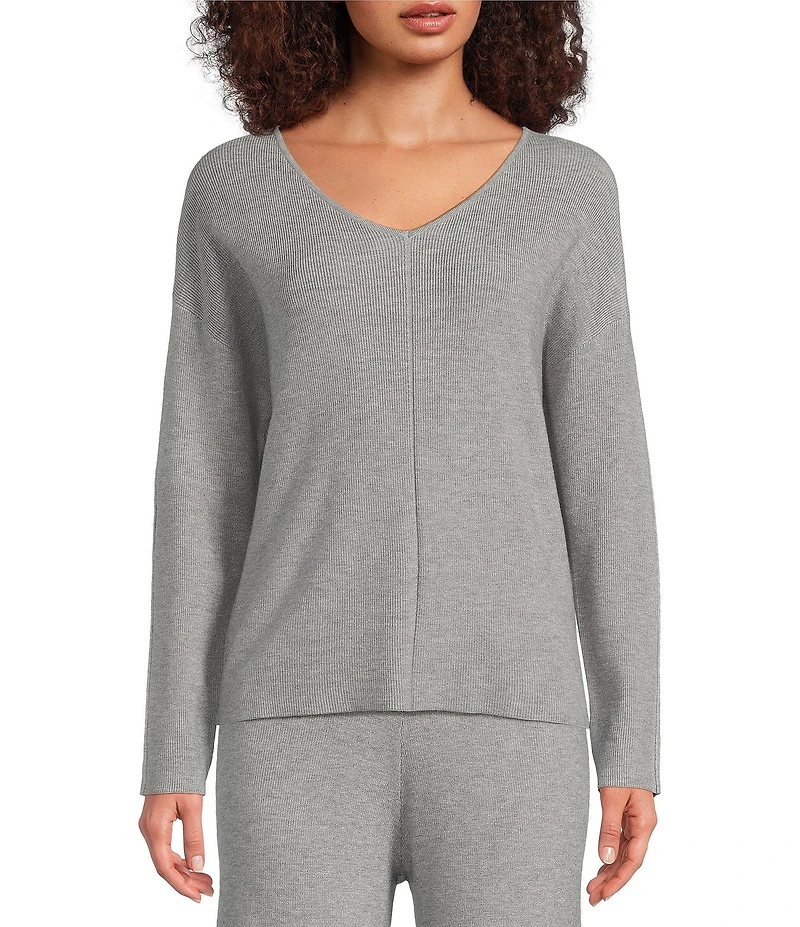 Greige Coordinating Ribbed Knit V-Neck Long Sleeve Sweater