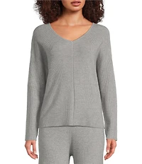 Greige Coordinating Ribbed Knit V-Neck Long Sleeve Sweater