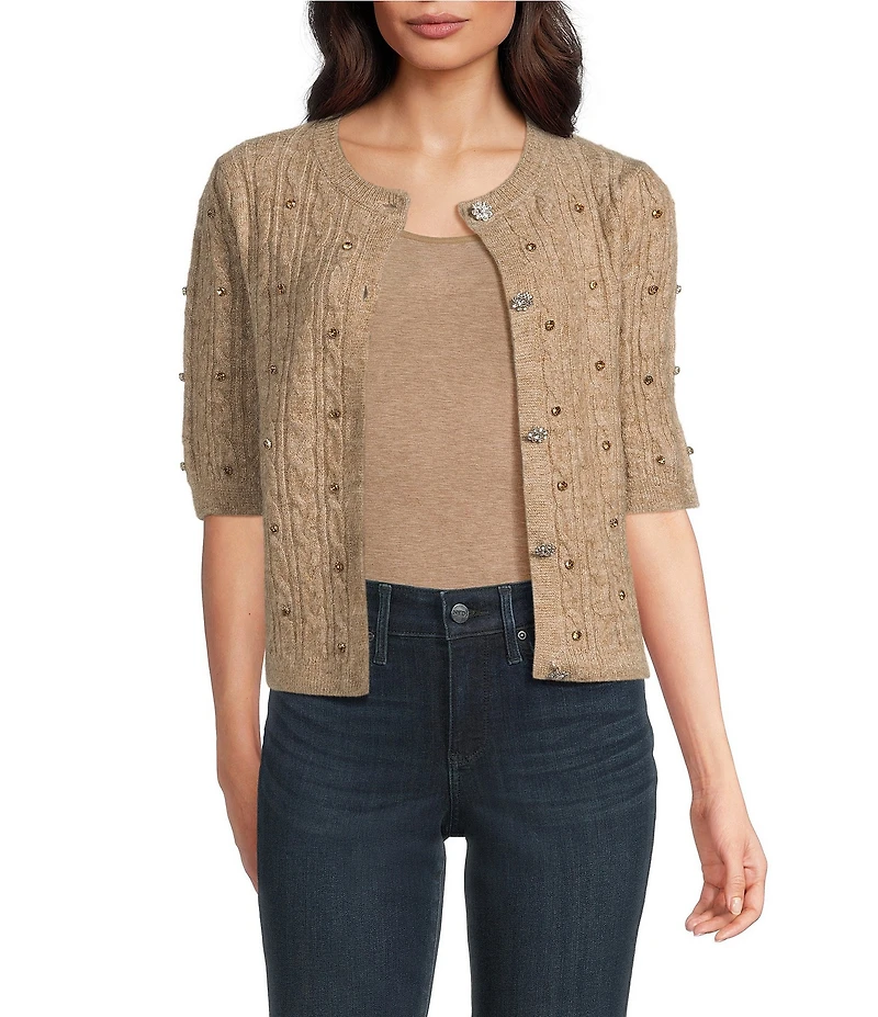 Greige Rhinestone Embellished Crew Neck 3/4 Sleeve Button Front Sweater Cardigan