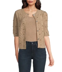 Greige Rhinestone Embellished Crew Neck 3/4 Sleeve Button Front Sweater Cardigan