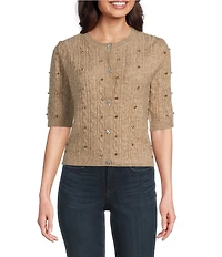 Greige Rhinestone Embellished Crew Neck 3/4 Sleeve Button Front Sweater Cardigan