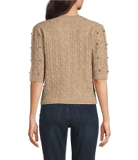 Greige Rhinestone Embellished Crew Neck 3/4 Sleeve Button Front Sweater Cardigan