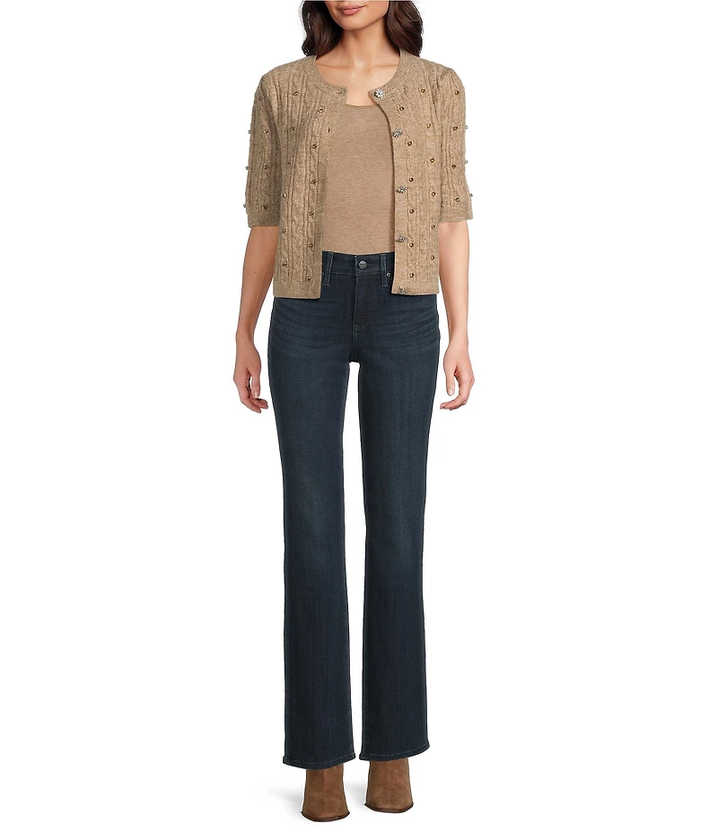 Greige Rhinestone Embellished Crew Neck 3/4 Sleeve Button Front Sweater Cardigan