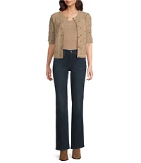 Greige Rhinestone Embellished Crew Neck 3/4 Sleeve Button Front Sweater Cardigan