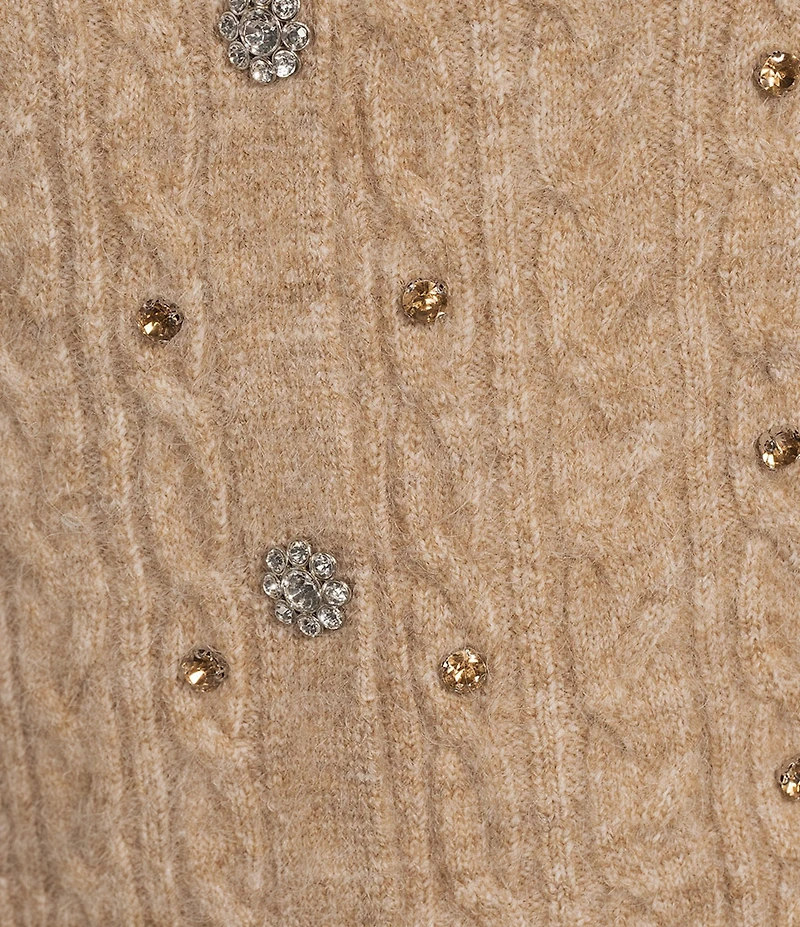 Greige Rhinestone Embellished Crew Neck 3/4 Sleeve Button Front Sweater Cardigan