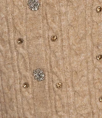 Greige Rhinestone Embellished Crew Neck 3/4 Sleeve Button Front Sweater Cardigan