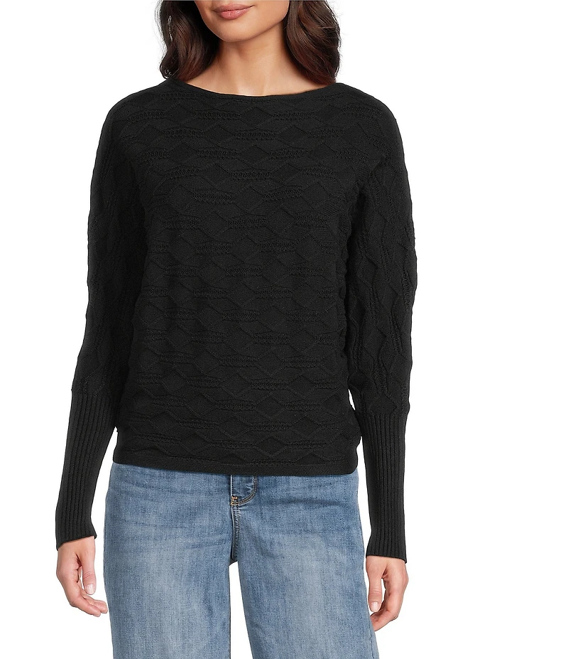 Greige Texture Crew Neck Dolman Cuffed Sleeve Sweater Top