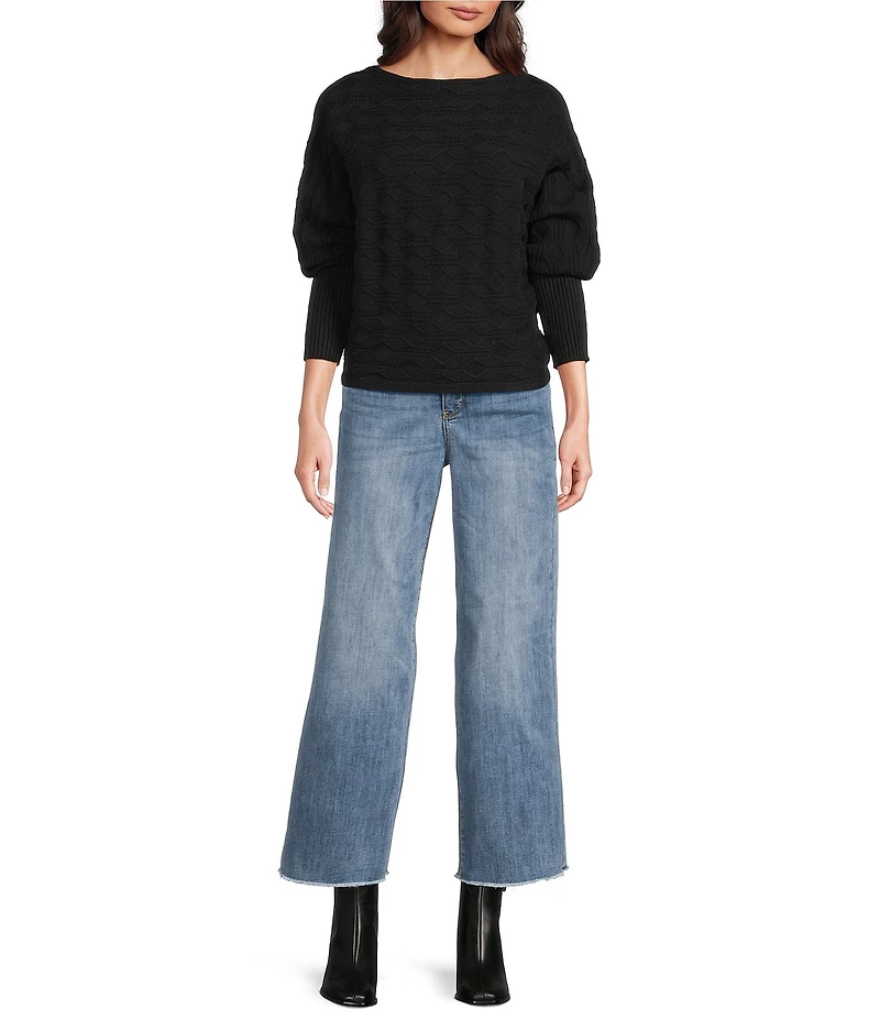 Greige Texture Crew Neck Dolman Cuffed Sleeve Sweater Top