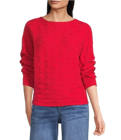 Greige Texture Crew Neck Dolman Cuffed Sleeve Sweater Top