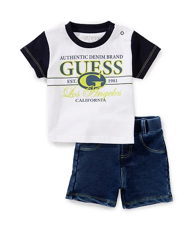 Guess Baby Boys Raglan-Sleeve Color Block Logo Knit T-Shirt & Denim-Look Knit Shorts Set
