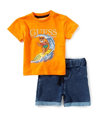 Guess Baby Boys Short Sleeve Surfer Bear Knit T-Shirt & Denim-Look Knit Shorts Set