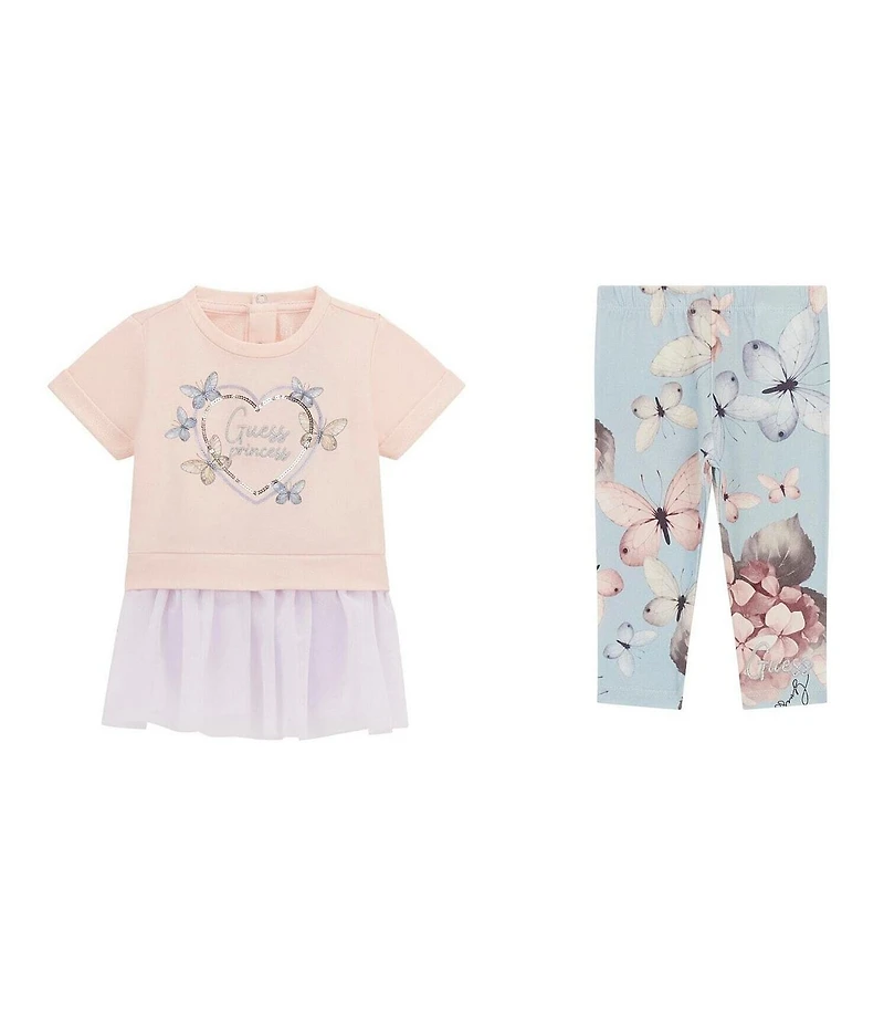 Guess Baby Girls Short Sleeve Graphic Mesh Layer Top & Printed Leggings Set